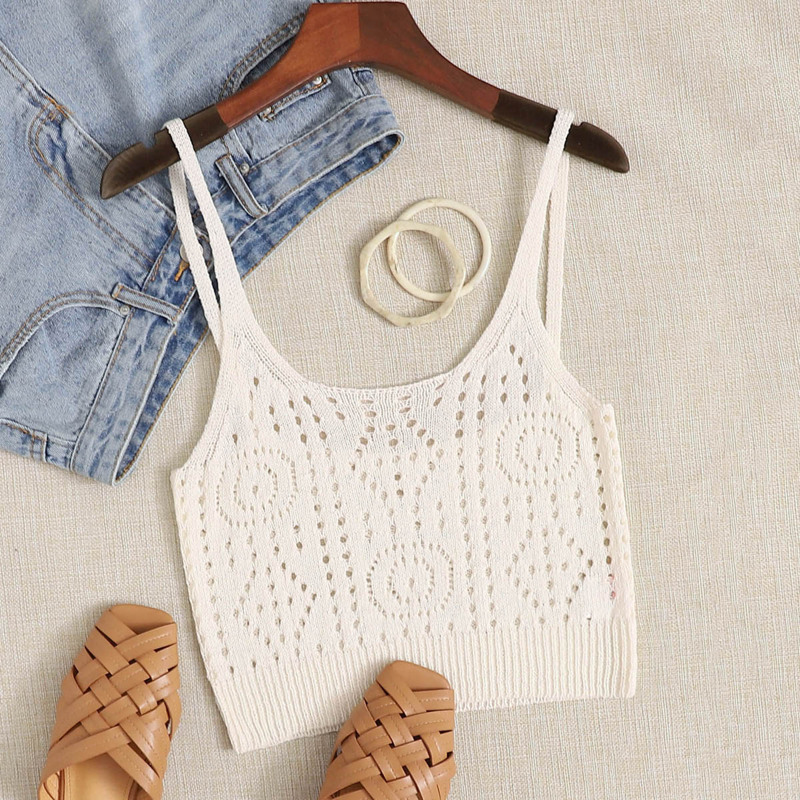 

Pointelle Knit Crop Cami Top, Beige