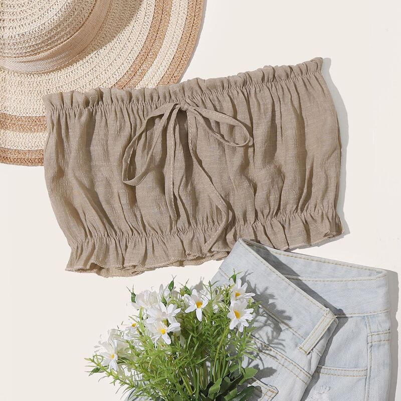 

Tie Front Frill Trim Bandeau Top, Brown