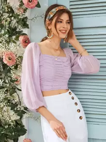 SHEIN Top corto fruncido de espalda fruncido de manga farol - Morado - Ver 1