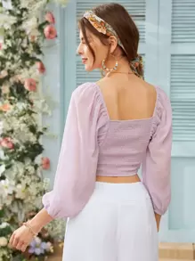 SHEIN Top corto fruncido de espalda fruncido de manga farol - Morado - Ver 2