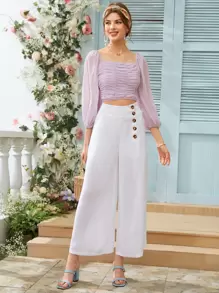 SHEIN Top corto fruncido de espalda fruncido de manga farol - Morado - Ver 3