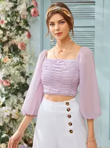 SHEIN Top corto fruncido de espalda fruncido de manga farol - Morado - Ver 5
