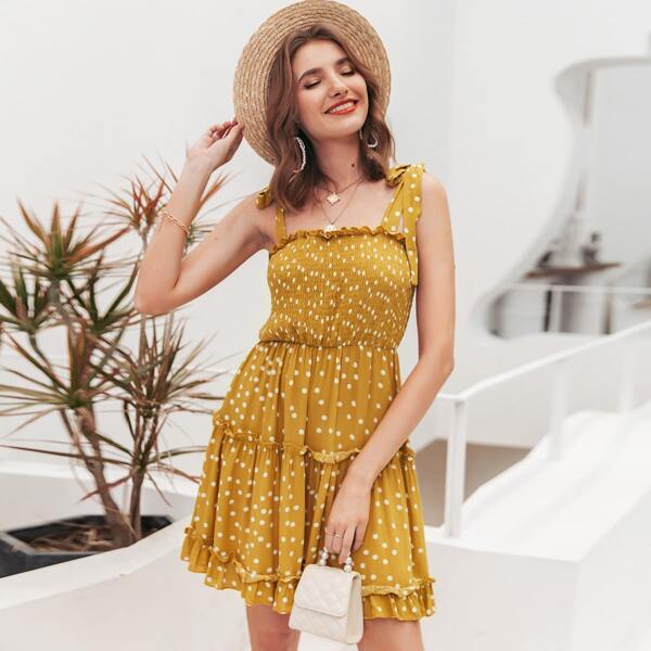 

Frill Trim Shirred Polka Dot Sundress, Yellow