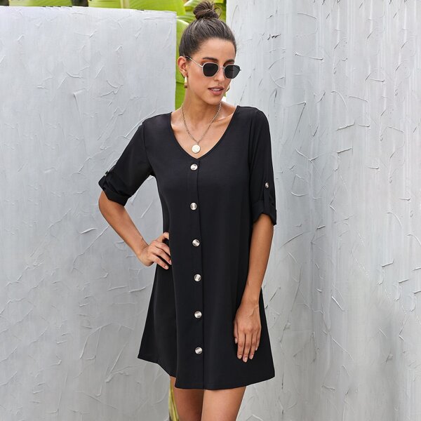 

Button Front Roll Up Sleeve Tunic Dress, Black