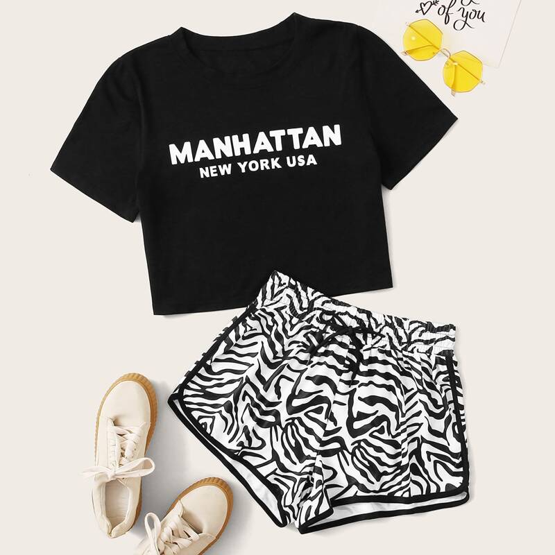 

Letter Graphic Tee & Zebra Shorts, Black and white