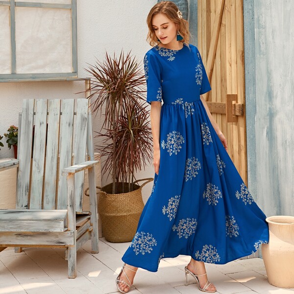 

Tied Backless Floral Print Maxi Dress, Blue