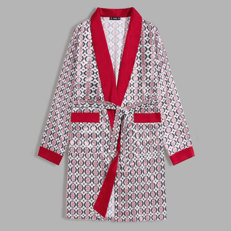 

Guys Contrast Trim Tribal Print Belted Robe, Multicolor