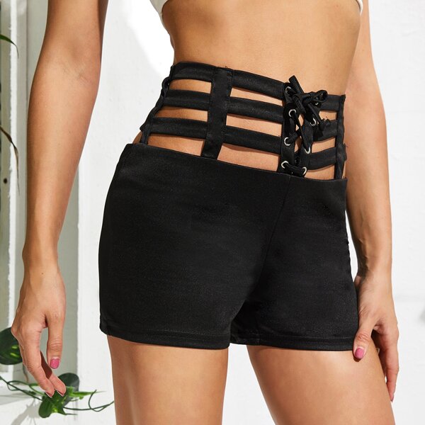 

Lace-up Front Cutout Wide Waistband Shorts, Black