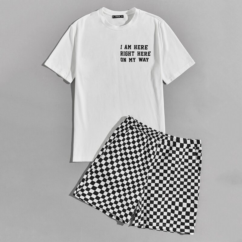 

Guys Slogan Graphic Top & Checked Shorts Pj Set, Black and white