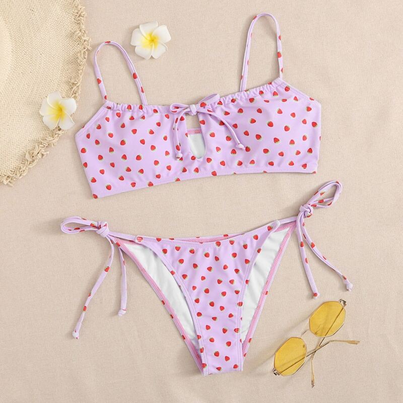 

Strawberry Print Tie Side Bikini Swimsuit, Purple