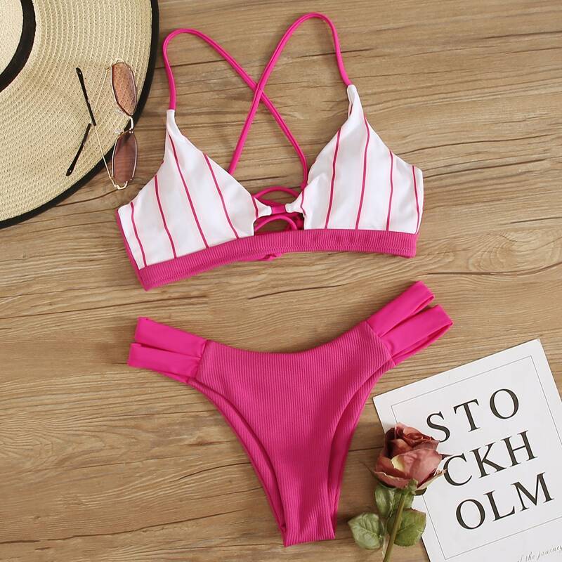 

Striped Rib Tie Back Bikini Swimsuit, Pink bright