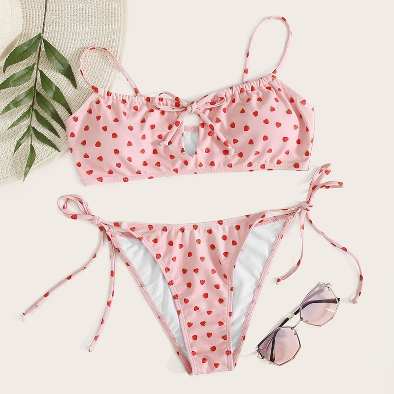 

Strawberry Print Tie Side Bikini Swimsuit, Pink