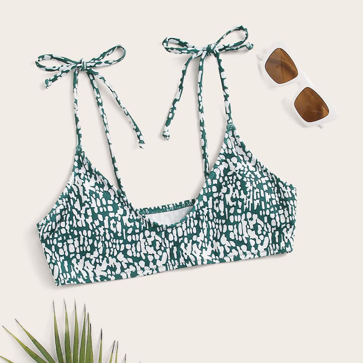 

Allover Graphic Tie Shoulder Bikini Top, Green