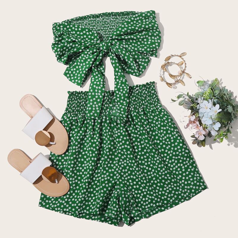 

Ditsy Floral Tie Front Shirred Tube Top & Shorts, Green