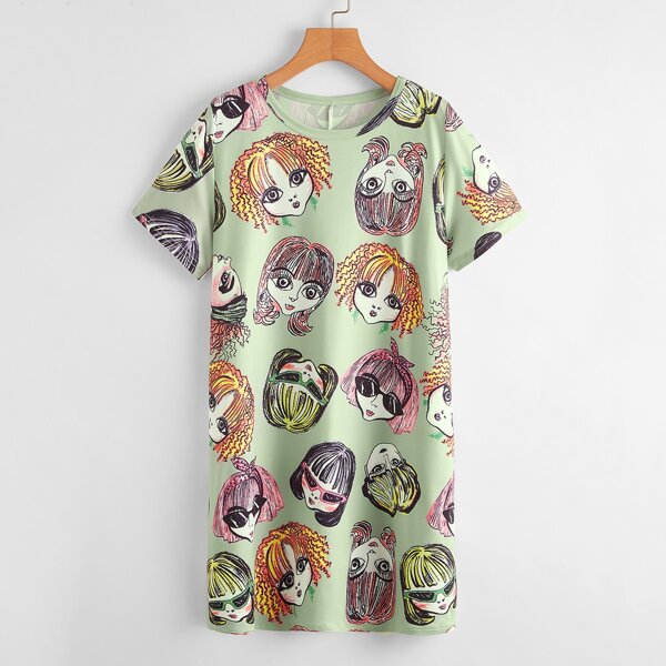

Allover Cartoon Figure Tee Dress, Green