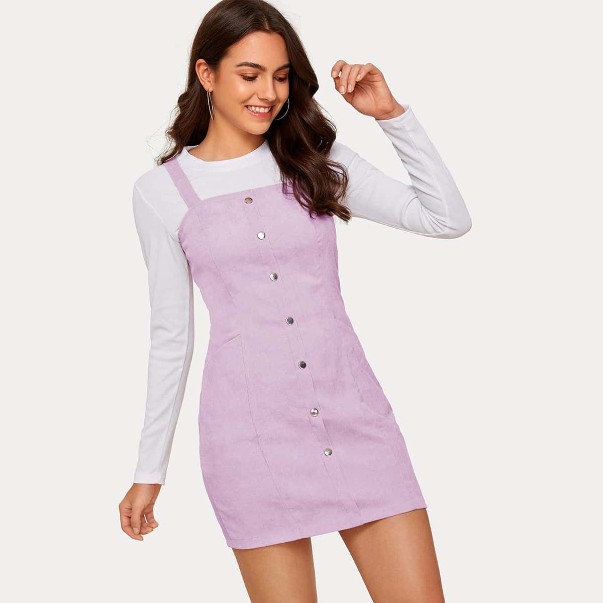 

Button Front Pinafore Dress, Purple