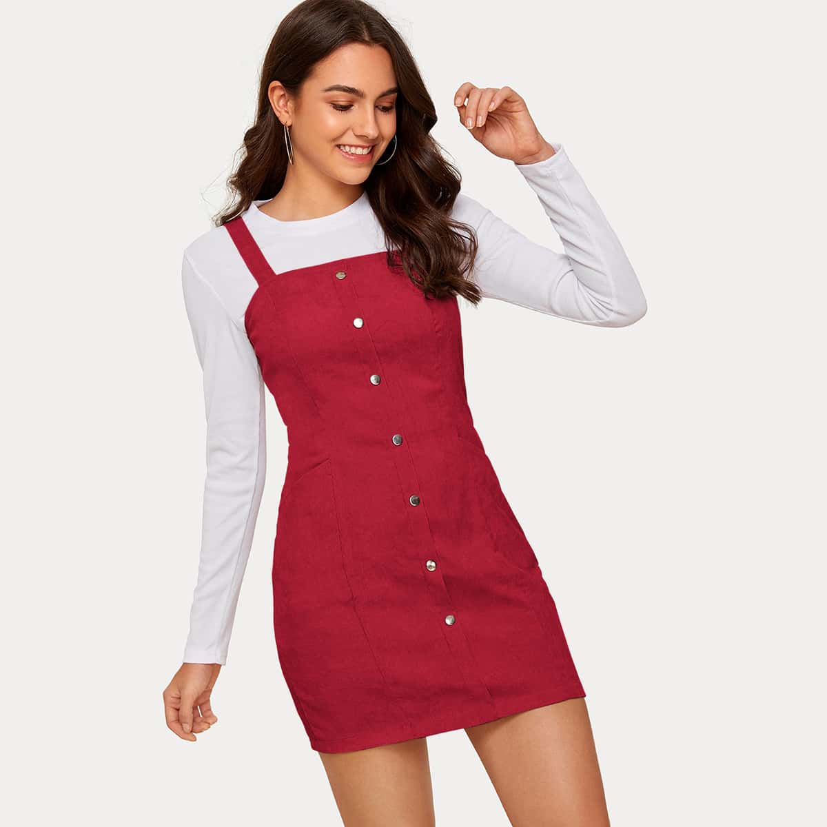 

Button Front Pinafore Dress, Red