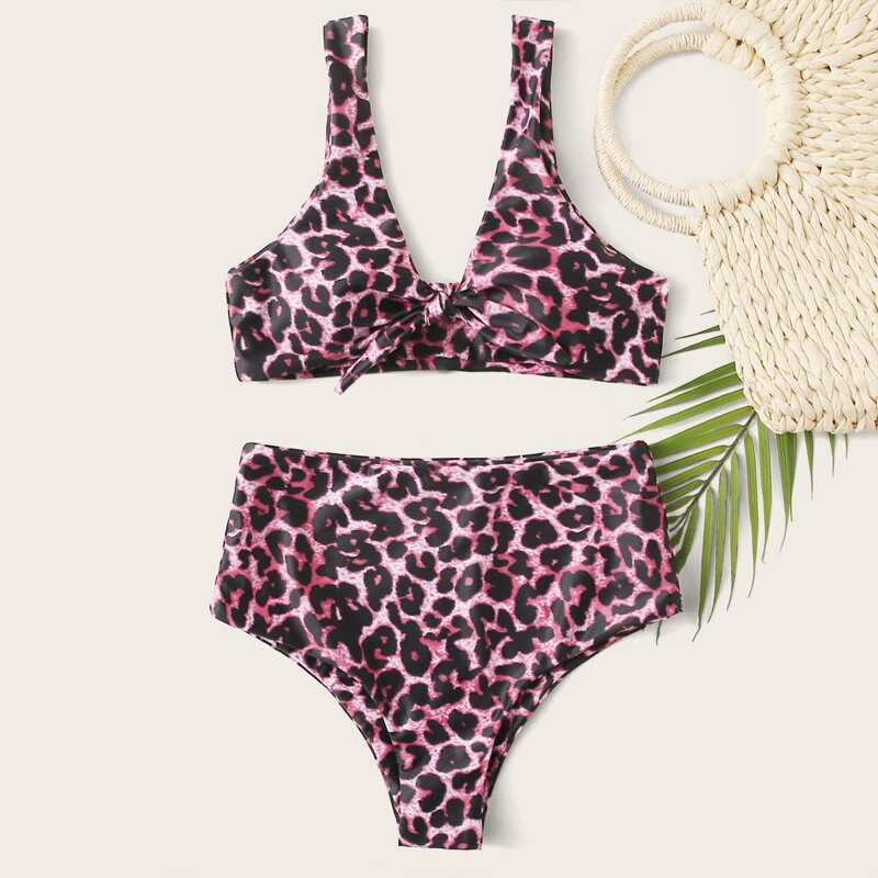 

Leopard Tie Front High Waisted Bikini Swimsuit, Multicolor