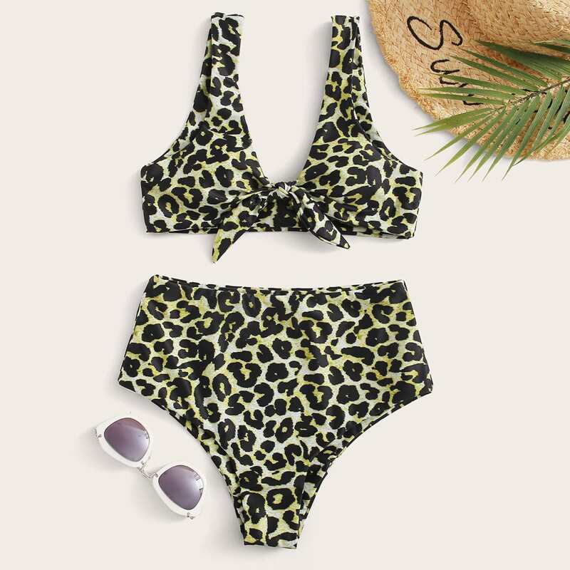 

Leopard Tie Front High Waisted Bikini Swimsuit, Multicolor