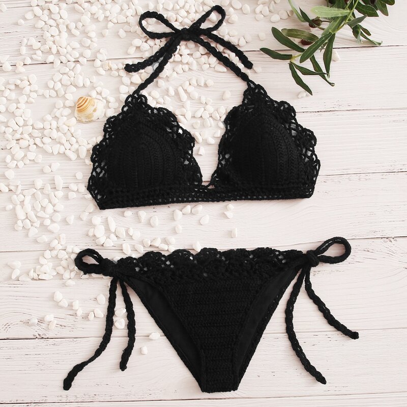 

Crochet Triangle Tie Side Bikini Swimsuit, Black