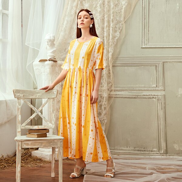 

Striped Color-block Drop Shoulder A-line Dress, Yellow
