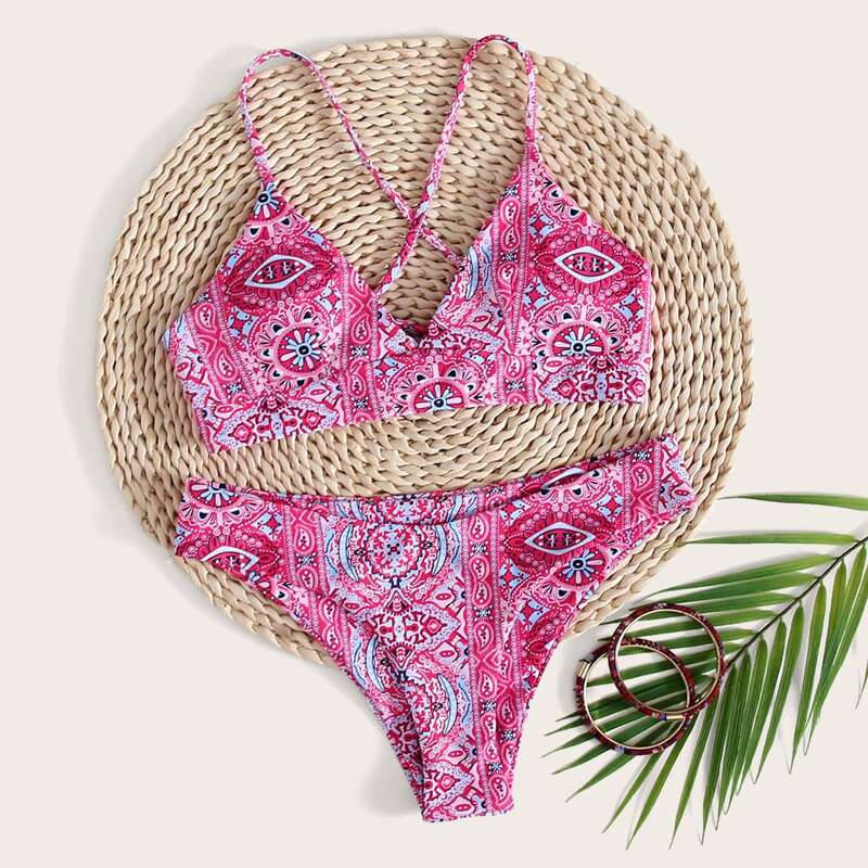 

Tribal Criss Cross Tie Back Bikini Swimsuit, Pink