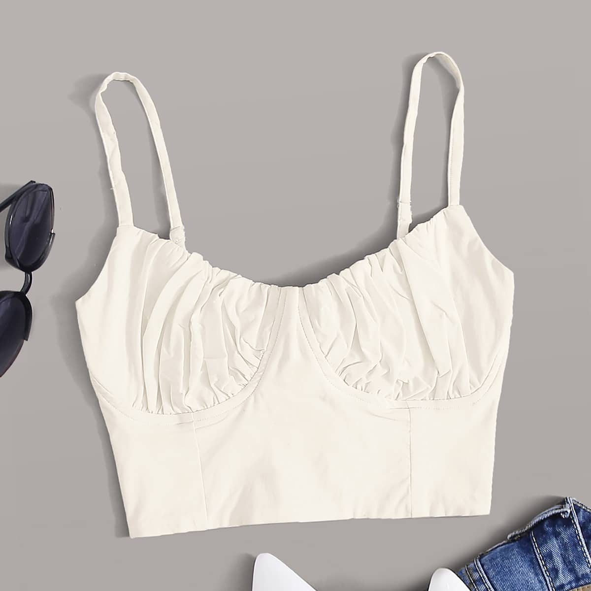 

Ruched Bust Lace-up Crop Cami, White