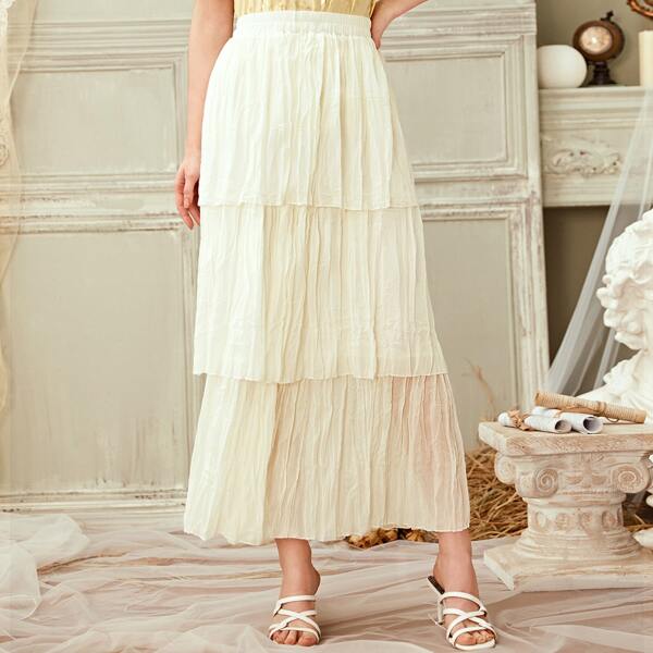 

Tiered Layered Elastic Waist Skirt, Beige