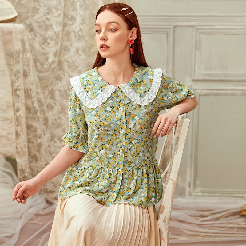 

Floral Eyelet Embroidery Peplum Peter Pan Blouse, Green