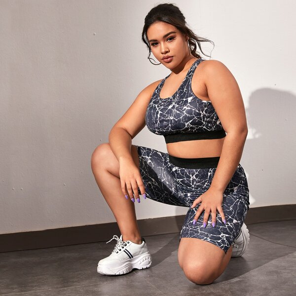 

Plus Marble Print Crop Tank Top & Biker Shorts, Grey