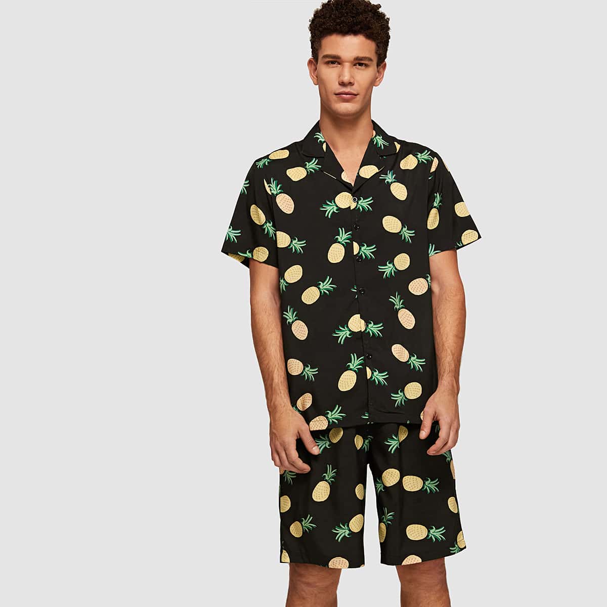 

Guys Pineapple Print Button Up Shirt & Shorts, Black