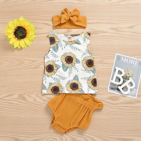 

Baby Girl Sunflower Print Tank & Textured Shorts & Headband, Multicolor