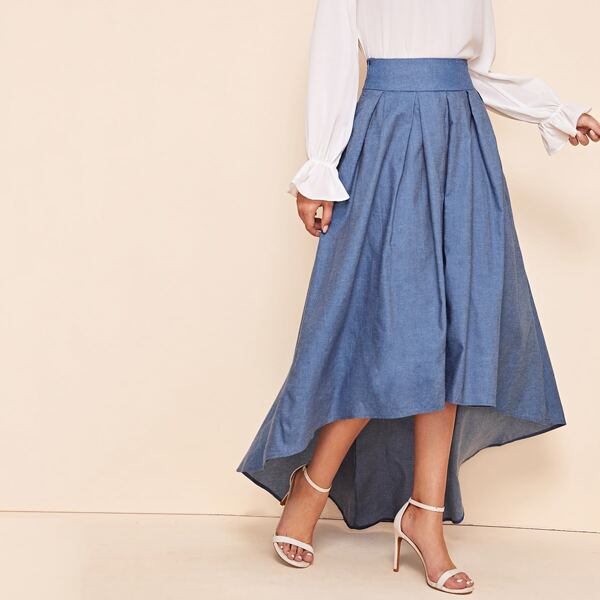

Wide Waistband Pleated Dip Hem Skirt, Blue