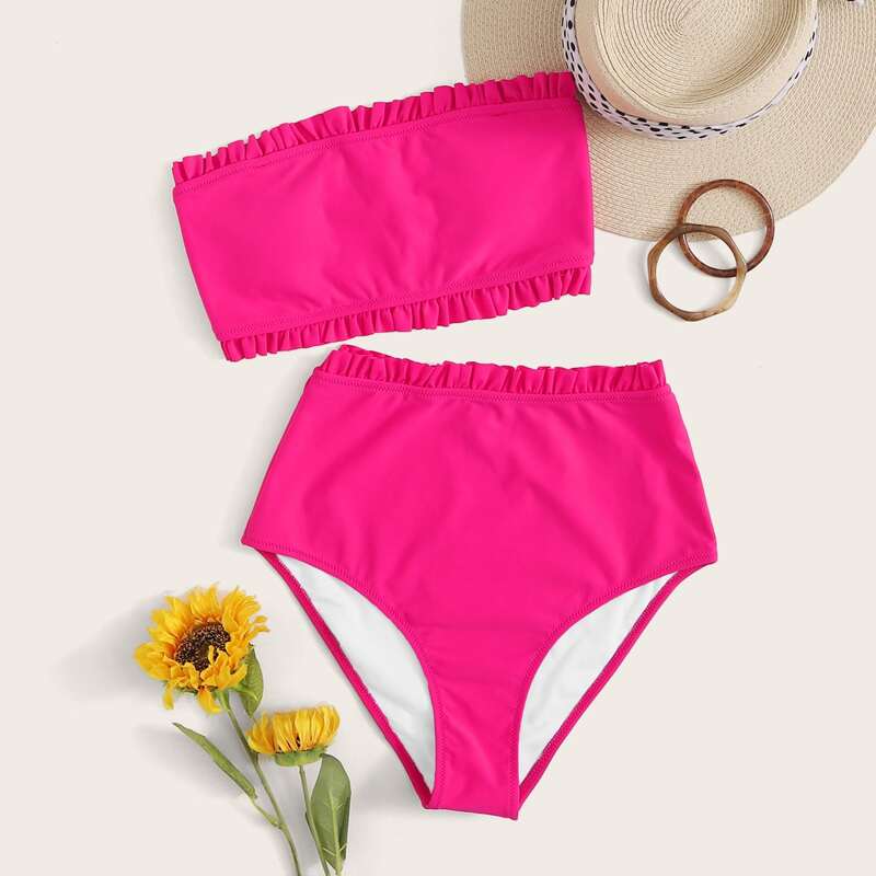 

Frill Trim Bandeau High Waisted Bikini Swimsuit, Pink bright