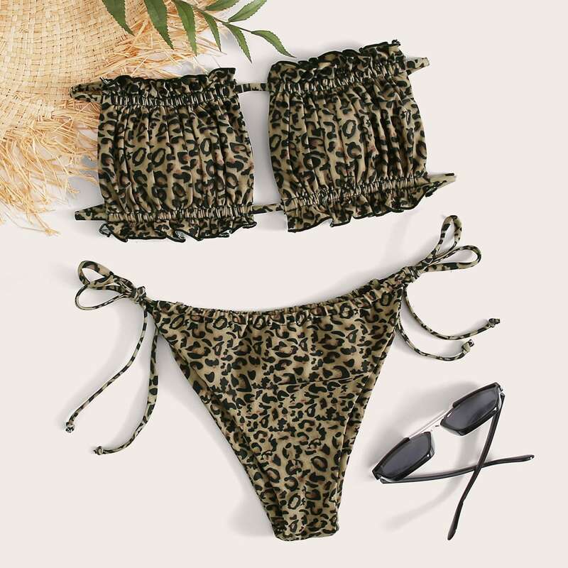 

Leopard Ruched Bandeau Tie Side Bikini Swimsuit, Multicolor