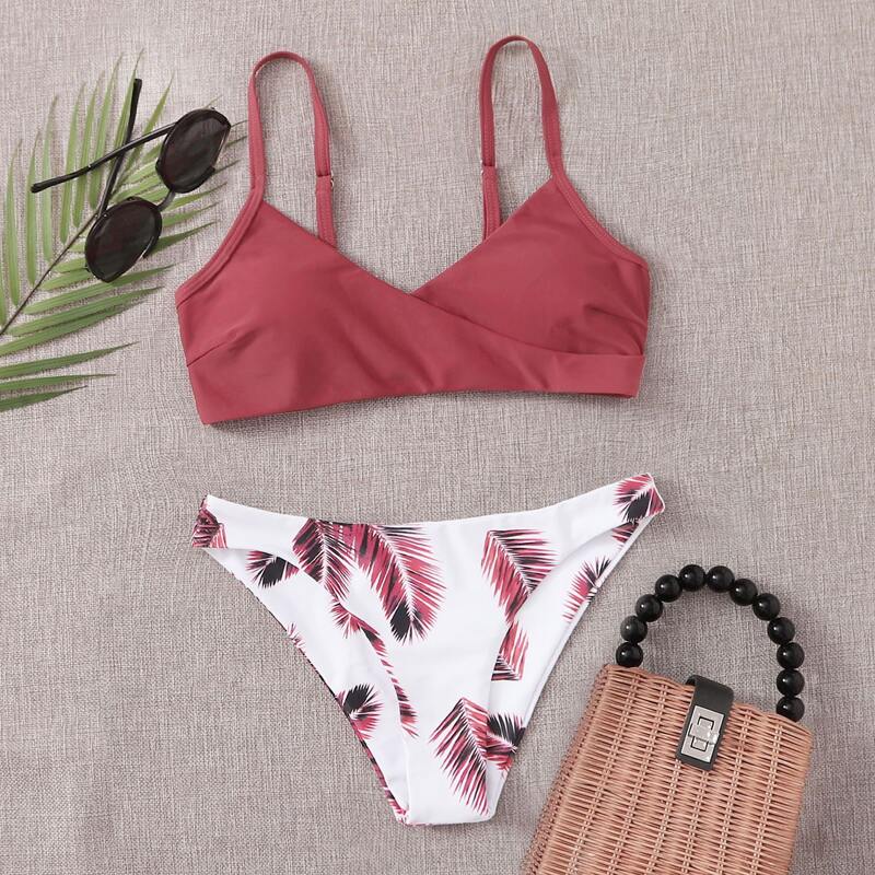 

Palm Print Adjustable Strap Bikini Swimsuit, Multicolor