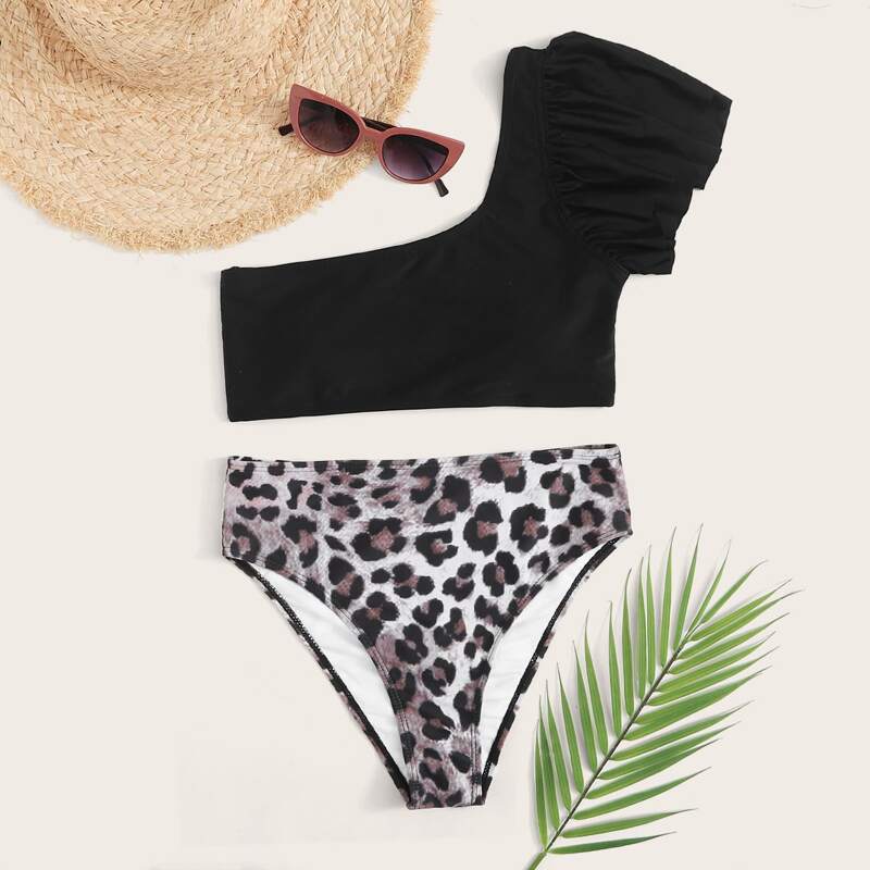 

Leopard One Shoulder High Waisted Bikini Swimsuit, Multicolor