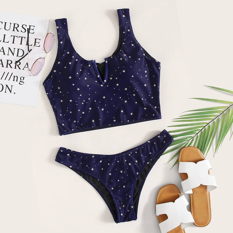 

Galaxy Print V Wired Bikini Swimsuit, Navy