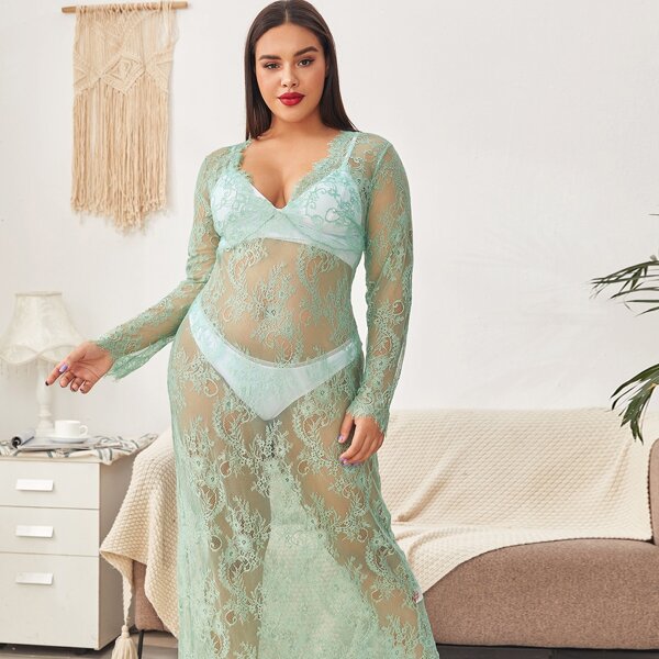 

Plus Sheer Eyelash Lace Nightdress Without Lingerie Set, Mint green
