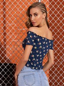 SHEIN Frill Trim Ditsy Floral Bardot Top - Navy Blue - View 2