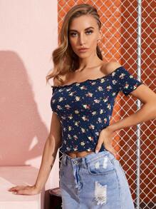 SHEIN Frill Trim Ditsy Floral Bardot Top - Navy Blue - View 5