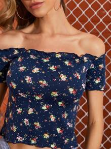 SHEIN Frill Trim Ditsy Floral Bardot Top - Navy Blue - View 6