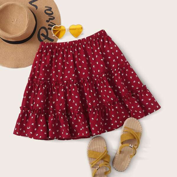 

Allover Plants Print Frill Trim Layered Skirt, Burgundy
