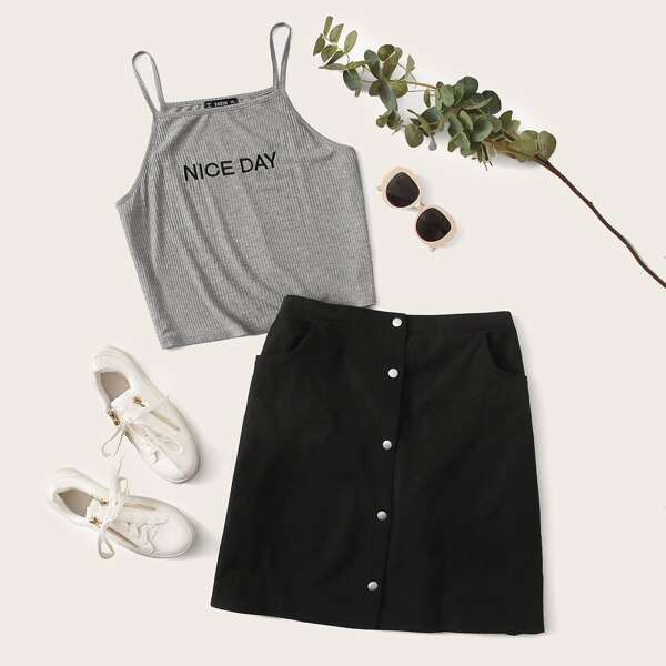 

Plus Slogan Embroidered Rib-knit Cami Top & Button Up Skirt Set, Multicolor