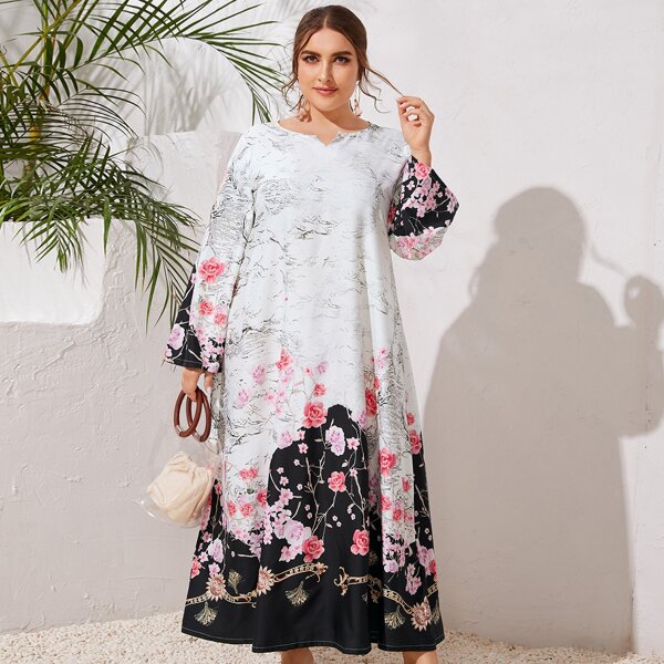 

Plus Notch Neck Floral Print Dress, White