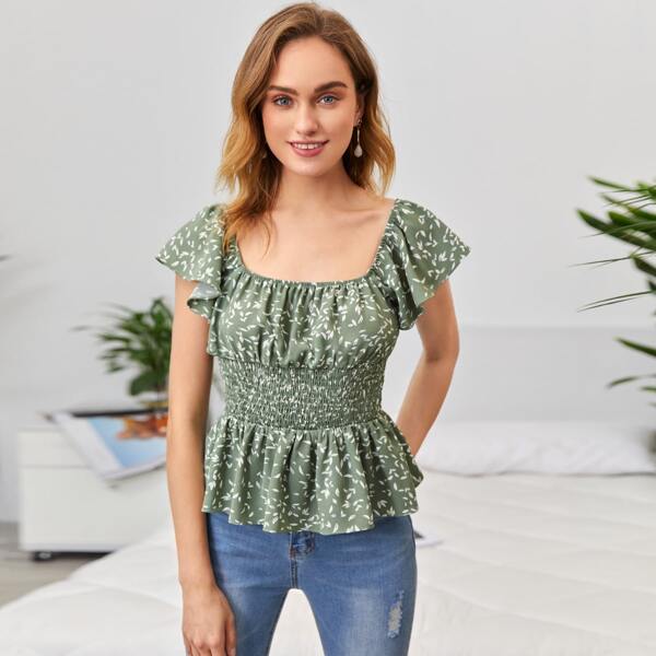 

Ruched Bust Shirred Panel Allover Print Peplum Top, Green