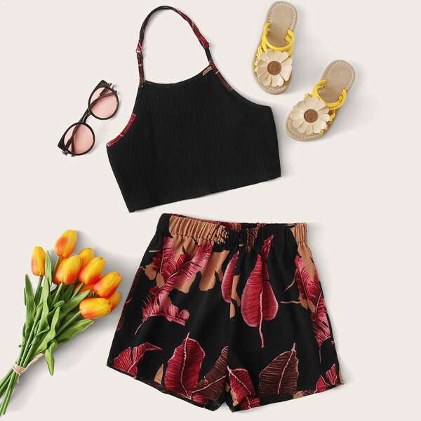 

Girls Contrast Binding Halter Top & Tropical Print Shorts Set, Black