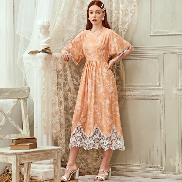 

Crochet Trim Lace Hem Floral A-Line Dress, Orange