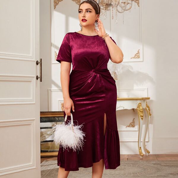 

Plus Twist Front Split Fishtail Hem Velvet Dress, Burgundy