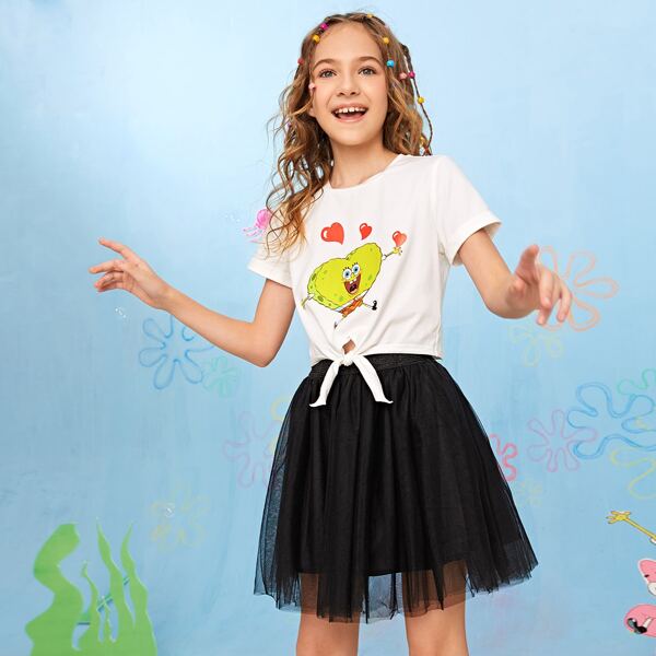 

X SpongeBob Girls Cartoon Graphic Tie Hem Top And Mesh Skirt Set, Black and white